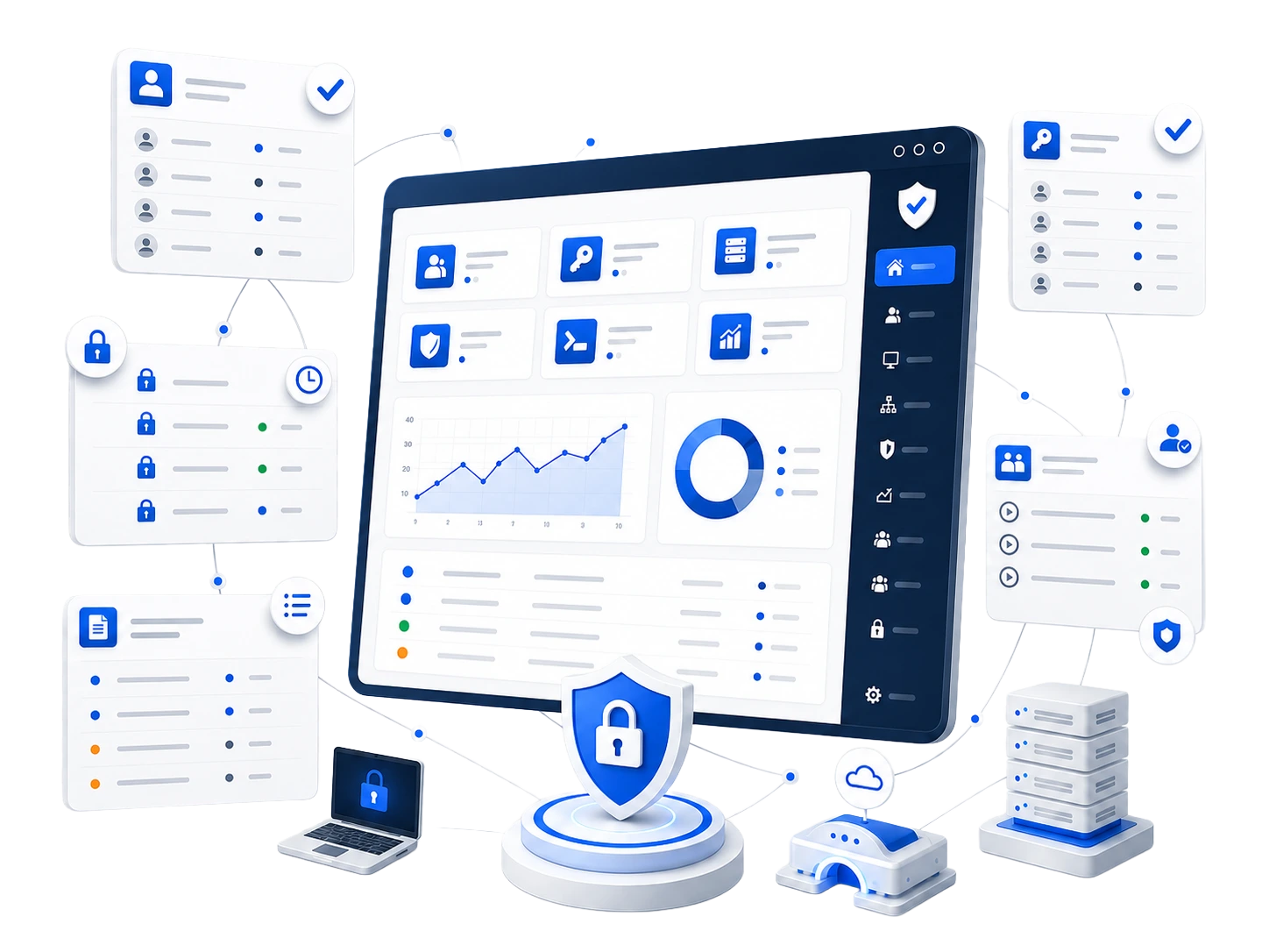 Schemat SafeConnect pokazujący centralny portal dostępu uprzywilejowanego