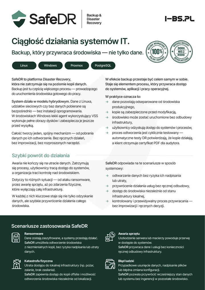 Okładka broszury SafeDR o backupie, disaster recovery i szybkim powrocie do działania