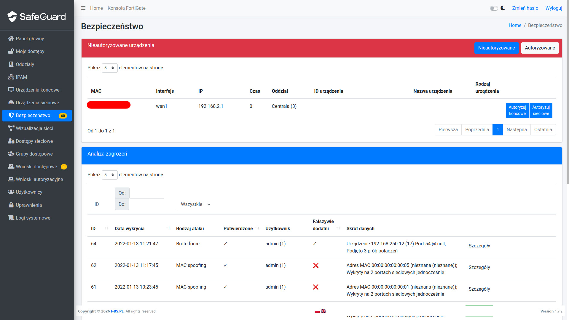 Widok bezpieczeństwa SafeGuard z informacjami o zagrożeniach i nieautoryzowanych urządzeniach